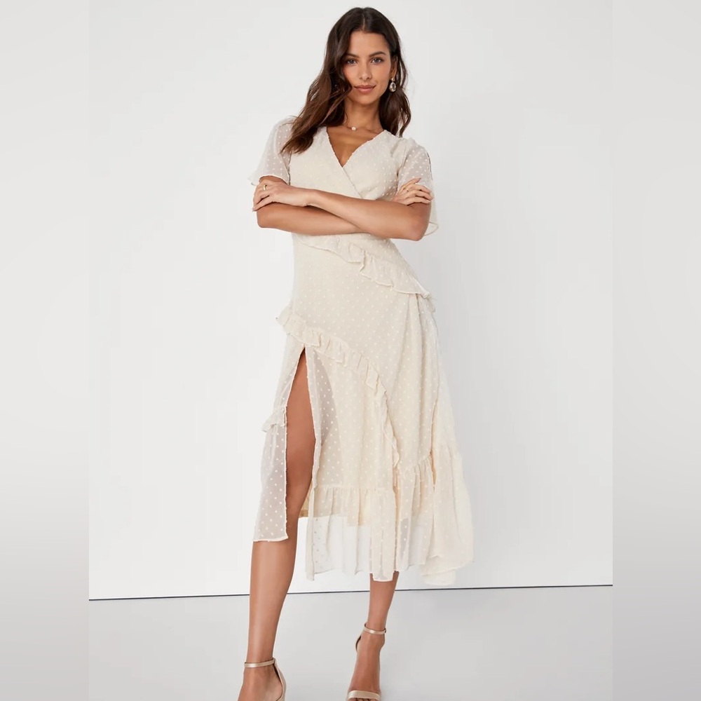 LULU’s cream midi dress- Next to You Cream Swiss Dot Ruffled Midi Dress